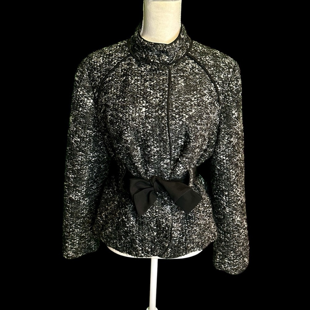 Sandro Black & White Marled Tweed Button Up Jacket with Black Satin Belt Sz XLP